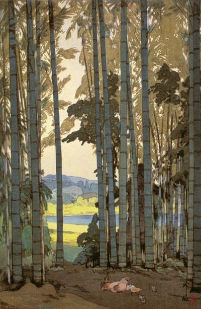 Kury w drewnie bambusowym (kolorowy drzeworyt) autorstwa Hiroshi Yoshida