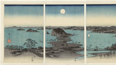 Wieczorna panorama Osiem Widoków Kanazawy w Musashi Buyo Kanazawa hassho yakei (tytuł na obiekcie) Śnieg, księżyc i kwiaty (tytuł serii) Setsugekka (tytuł serii) autorstwa Hiroshige (I) , Utagawa