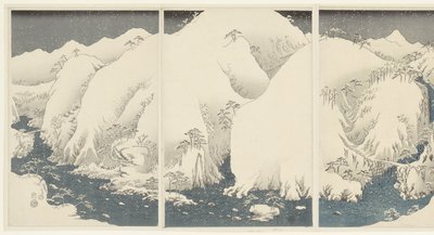 Góry i rzeki na trasie Kiso Kisoji no yamakawa (tytuł na obiekcie) Śnieg, księżyc i kwiaty (tytuł serii) Setsugekka (tytuł serii) autorstwa Hiroshige (I) , Utagawa