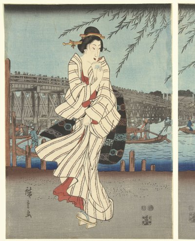 Znane miejsca we wschodniej stolicy: rozkoszowanie się wieczorną bryzą na moście Ryogoku autorstwa Hiroshige (I) , Utagawa
