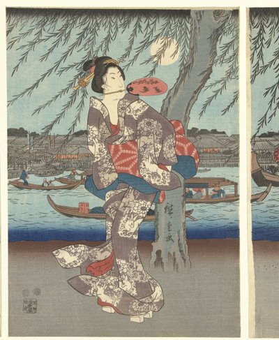Znane miejsca we wschodniej stolicy: rozkoszowanie się wieczorną bryzą na moście Ryogoku autorstwa Hiroshige (I) , Utagawa