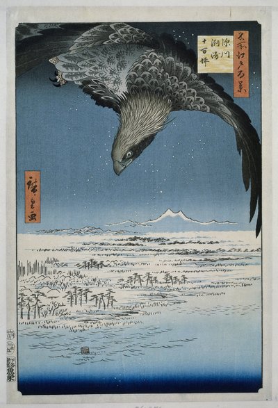 Równina Jumantsubo w Susaki niedaleko Fukagawa Fukagawa Susaki Jumantsubo (tytuł na obiekcie) Sto słynnych twarzy na Edo (tytuł serii) Meisho Edo hyakkei (tytuł serii na obiekcie) autorstwa Hiroshige (I) , Utagawa