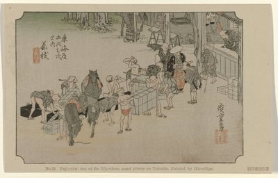 Fujieda Nr 23. Fujiyeda: oue z pięćdziesięciu trzech odnotowanych miejsc na Tokaido, namalowane przez Hiroshige (tytuł na obiekcie) De Tôkaido van Hiroshige (tytuł serii) Hiroshige no fude Tôkaidô (tytuł serii na obiekcie) autorstwa Hiroshige (I) , Utagawa