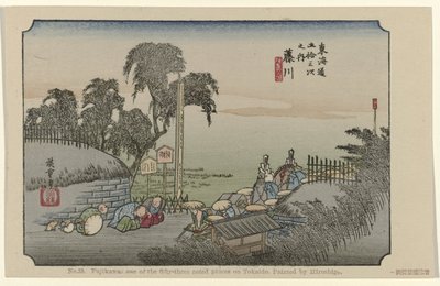Fujikawa No. 38. Fujikawa: one of the fifty-three noted places on Tokaido, painted by Hiroshige (title on object) De Tôkaidô van Hiroshige (series title) Hiroshige no fude Tôkaidô (series title on object) autorstwa Hiroshige (I) , Utagawa