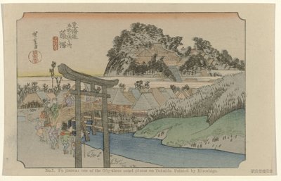 Fujisawa Nr 7. Fujisawa: jedno z pięćdziesięciu trzech odnotowanych miejsc na Tokaido. Malowane przez Hiroshige (tytuł na obiekcie) De Tôkaido van Hiroshige (tytuł serii) Hiroshige no fude Tôkaidô (tytuł serii na obiekcie) autorstwa Hiroshige (I) , Utagawa