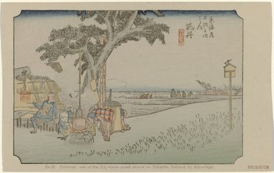 Fukuroi Nr 28. Fukuroi: jedno z pięćdziesięciu trzech odnotowanych miejsc na Tokaido, namalowane przez Hiroshige (tytuł na obiekcie) De Tôkaido van Hiroshige (tytuł serii) Hiroshige no fude Tôkaidô (tytuł serii na obiekcie) autorstwa Hiroshige (I) , Utagawa