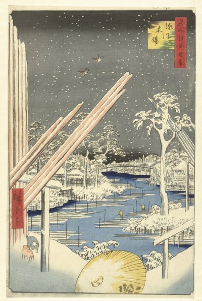 Skład drewna w Fukagawa Fukagawa kiba (tytuł na obiekcie) Sto słynnych twarzy na Edo (tytuł serii) Meisho Edo hyakkei (tytuł serii na obiekcie) autorstwa Hiroshige (I) , Utagawa
