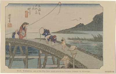 Kakegawa Nr 27. Kakegawa: jedno z pięćdziesięciu trzech odnotowanych miejsc na Tokaido, namalowane przez Hiroshige (tytuł na obiekcie) De Tôkaido van Hiroshige (tytuł serii) Hiroshige no fude Tôkaidô (tytuł serii na obiekcie) autorstwa Hiroshige (I) , Utagawa