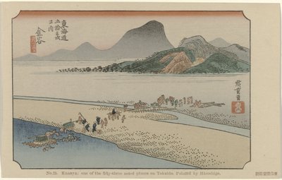 Kanaya Nr 25. Kanaya: jedno z pięćdziesięciu trzech odnotowanych miejsc na Tokaido, namalowane przez Hiroshige (tytuł na obiekcie) De Tôkaido van Hiroshige (tytuł serii) Hiroshige no fude Tôkaidô (tytuł serii na obiekcie) autorstwa Hiroshige (I) , Utagawa