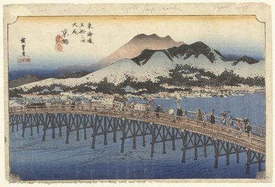 Kioto, de grote brug bij Sanjo Kioto, Sanjo Ohashi (tytuł na obiekcie) De 53 stacje van de Tokaido (tytuł serii) Tokaido gojusan tsugi no uchi (tytuł serii na obiekcie) autorstwa Hiroshige (I) , Utagawa