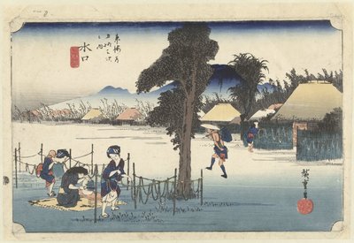 Minakuchi, het beroemde streetproduct kanpyo Minakuchi, meibutsu kanpyo De 53 stacje van de Tokaido (tytuł serii) Tokaido gojusan tsugi no uchi (tytuł serii na obiekcie) autorstwa Hiroshige (I) , Utagawa
