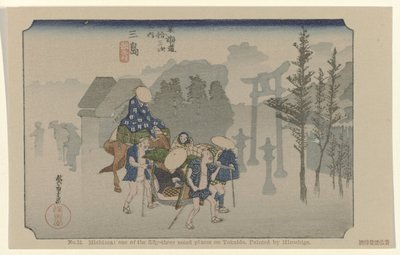 Mishima Nr 12. Mishima: jedno z pięćdziesięciu trzech odnotowanych miejsc na Tokaido. Malowane przez Hiroshige De Tôkaido van Hiroshige (tytuł serii) Hiroshige no fude Tôkaidô (tytuł serii na obiekcie) autorstwa Hiroshige (I) , Utagawa