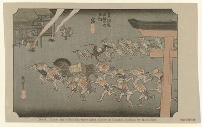 Miya Nr 42. Miya: jedno z pięćdziesięciu trzech odnotowanych miejsc na Tokaido, namalowane przez Hiroshige (tytuł na obiekcie) De Tôkaido van Hiroshige (tytuł serii) Hiroshige no fude Tôkaidô (tytuł serii na obiekcie) autorstwa Hiroshige (I) , Utagawa