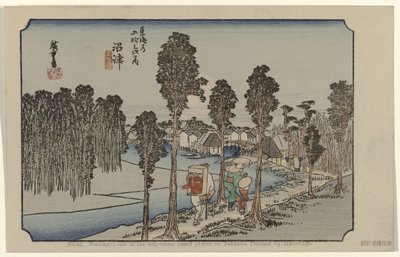 Namazu Nr 13: Namazu: jedno z pięćdziesięciu trzech odnotowanych miejsc na Tokaido. Malowane przez Hiroshige (tytuł na obiekcie) De Tôkaido van Hiroshige (tytuł serii) Hiroshige no fude Tôkaidô (tytuł serii na obiekcie) autorstwa Hiroshige (I) , Utagawa