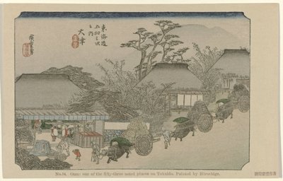 Otsu Nr 54. Otsu: jedno z pięćdziesięciu trzech odnotowanych miejsc na Tokaido, namalowane przez Hiroshige (tytuł na obiekcie) De Tôkaido van Hiroshige (tytuł serii) Hiroshige no fude Tôkaidô (tytuł serii na obiekcie) autorstwa Hiroshige (I) , Utagawa