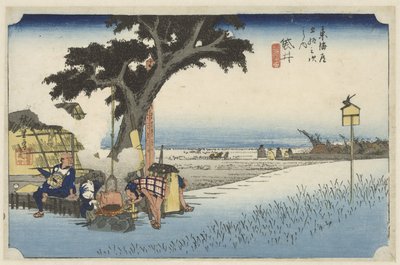 Theehuis in de buitenlucht in Fukuroi Fukuroi, dechaya no zu (tytuł na obiekcie) De 53 stacje van de Tokaido (tytuł serii) Tokaido gojusan tsugi no uchi (tytuł serii) autorstwa Hiroshige (I) , Utagawa
