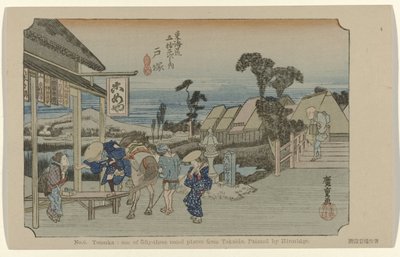Totsuka Nr 6. Totsuka: jedno z pięćdziesięciu trzech odnotowanych miejsc z Tokaido. Malowane przez Hiroshige. (tytuł na obiekcie) De Tôkaido van Hiroshige (tytuł serii) Hiroshige no fude Tôkaidô (tytuł serii na obiekcie) autorstwa Hiroshige (I) , Utagawa
