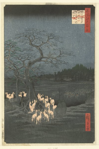 Pożary w sylwestra w Shozoku Nettle Tree w Oji Oji Shozoku enoki omisoka no kitsunebi (tytuł na obiekcie) Sto słynnych twarzy na Edo (tytuł serii) Meisho Edo hyakkei (tytuł serii na obiekcie) autorstwa Hiroshige (I) , Utagawa