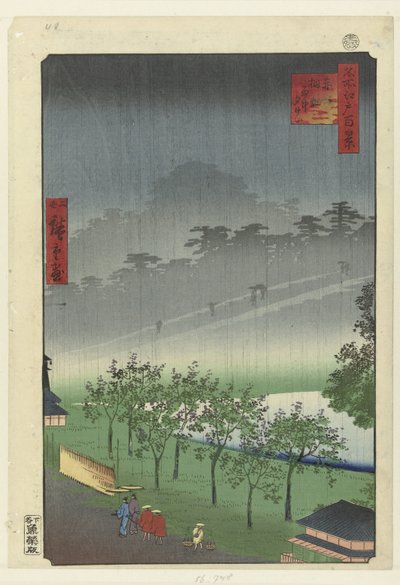 Wieczorny deszcz w kamieniołomie Paulownia w Akasaka Akasaka kiribatake uchu sekikei (tytuł na obiekcie) Sto słynnych twarzy na Edo (tytuł serii) Meisho Edo hyakkei (tytuł serii na obiekcie) autorstwa Hiroshige (II) , Utagawa