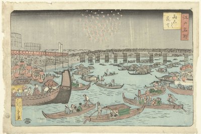 Fajerwerki w Ryogoku Ryogoku hanabi (tytuł na obiekcie) Znane miejsca w Edo (tytuł serii) Edo meisho (tytuł serii na obiekcie) autorstwa Hiroshige (II) , Utagawa