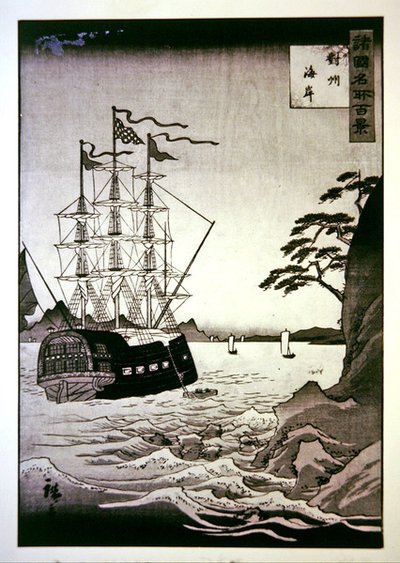 Czarny (europejski) statek na wybrzeżu Tsushima autorstwa Hiroshige II