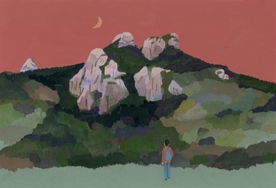 Mężczyzna z plecakiem podróżujący po górach, 2015 (gwasz na papierze) autorstwa Hiroyuki Izutsu