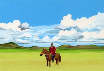 Mongolskie stepy i ludzie jeżdżący konno, 2015 (Gwasz na papierze) autorstwa Hiroyuki Izutsu