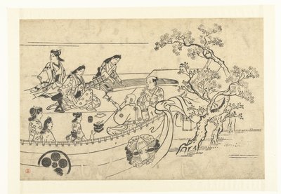 Firma muzyczna pod wiśnią Oglądanie Kwiatów Wiśni w Ueno (tytuł serii) Ueno hanami no tei (tytuł serii) autorstwa Hishikawa Moronobu (attributed to)