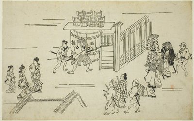 Entranse do Ageyacho, z tee Series „Tee Apperanse Of Yoshiwara (Yoshiwara no Tei)”, ok. 1681-84 (druk Odbocka; Sumizurie, Oban) autorstwa Hishikawa Moronobu