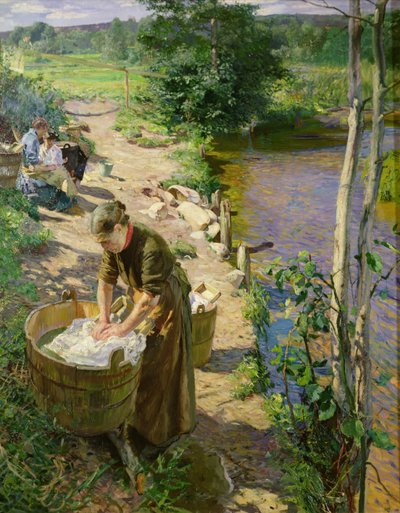 Mycie nad rzeką, Sandvika (olej na płótnie) autorstwa Hjalmer Eilif Emanuel Peterssen