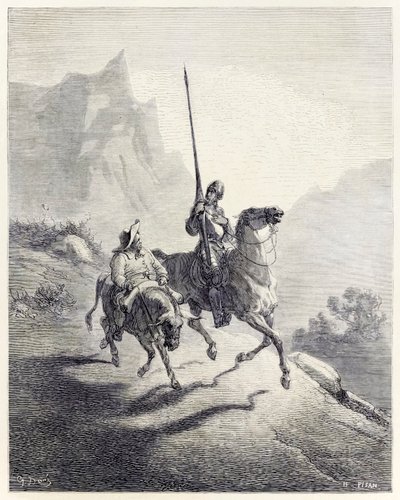 „Don Kichot i Sancho wyruszający” z „Don Kichota” Miguela de Cervantesa (rycina) autorstwa Héliodore Joseph Pisan