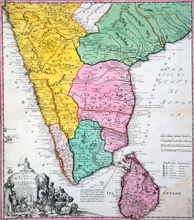 Mapa Półwyspu Indyjskiego, 1733 (rycina ręcznie kolorowana) autorstwa Homann Heirs Company