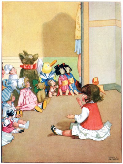 Dorothy opowiada dzieciom historię, ilustracja z „Josephine Keeps House”, wydanej przez Blackie & Co. autorstwa Honor Charlotte Appleton