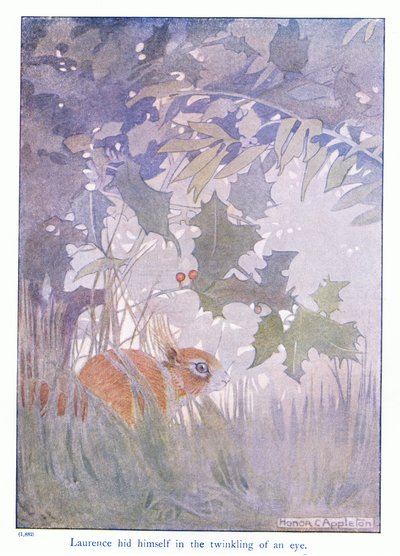 Laurence ukrył się w mgnieniu oka, ilustracja z „Więcej o wiewiórkach” Eleanor Tyrell, ok. 1915 (kolor litho) autorstwa Honor Charlotte Appleton