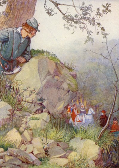 Robin Hood w lesie (kolorowa litografia) autorstwa Honor Charlotte Appleton
