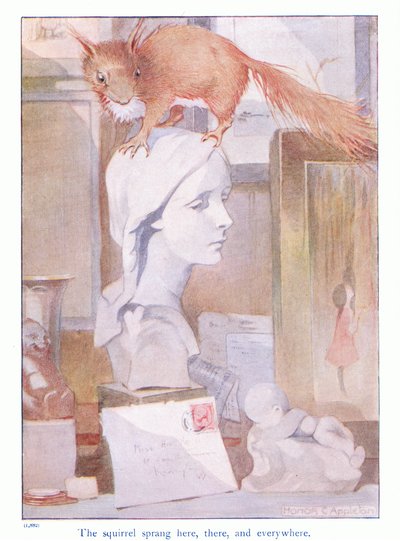 Wiewiórka skakała tu, tam i wszędzie, ilustracja z „Więcej o wiewiórkach” Eleanor Tyrell, ok. 1915 (kolor litho) autorstwa Honor Charlotte Appleton