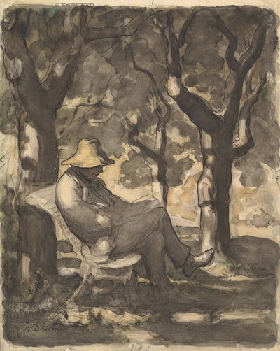 Mężczyzna czytający w ogrodzie, 1825-79 (wc nad czarną kredą, długopisem i atramentem, praniem i kredką) autorstwa Honoré Daumier