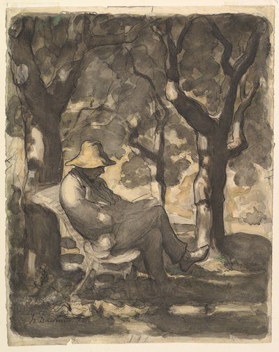 Mężczyzna czytający w ogrodzie prosto, Wstępny szkic do Mężczyzna czytającego w ogrodzie v..., ca. 1865. autorstwa Honoré Daumier