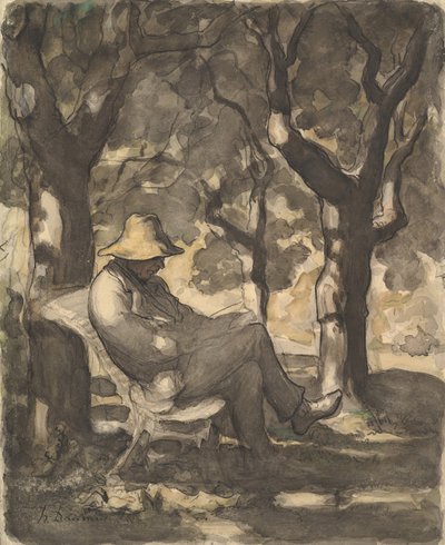 Mężczyzna czytający w ogrodzie prosto..., ca. 1865. autorstwa Honoré Daumier