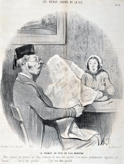 Grafika: Honore Daumier (1808-1879). Charivari: Seria DNI PIĘKNA ŻYCIA. Coraz bardziej potworny format „” -Nasza gazeta, która zapowiada, że aby być dla Ciebie zgodną, wkrótce jeszcze bardziej zwiększy swój format! czy to możliwe, boże? MUZEUM DES B autorstwa Honoré Daumier