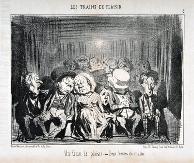 Grafika Honore Daumiera (1808-1879) Charivari pochodzi z 1852 roku: Serie LES TRAINS DE PLAISIR - Pociąg przyjemności. - Druga w nocy. MUZEUM SZTUK PIĘKNYCH - PAŁAC LONGCHAMP, MARSEILLE autorstwa Honoré Daumier
