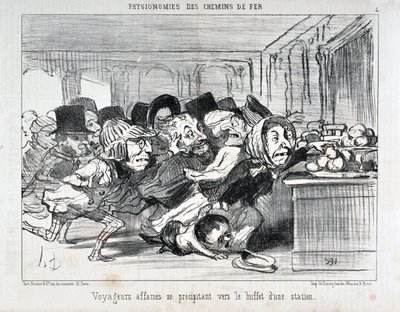Grafika: Honore Daumier (1808-1879) Charivari data z 1852 r.: Serie PHYONOMIES DES CHAIN ​​DE FERR Głodni podróżnicy pędzący do bufetu na stacji MUSEE DES BEAUX ARTS - PALAIS LONGCHAMP, MARSEILLE autorstwa Honoré Daumier