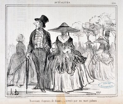 Grafika: Honore Daumier (1808-1879) Charivari data z 1855: Serie Actualites „” Nowe damskie kapelusze, wymyślone przez zazdrosnego męża ”” MUSEE DES BEAUX ARTS - PALAIS LONGCHAMP, MARSEILLE autorstwa Honoré Daumier