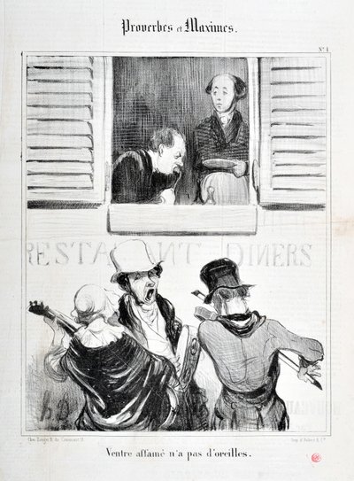 Grafika: Honore Daumier (1808-1879). Charivari pochodzi z 1840 roku: Serie PROVERBS ET MAXIMES „” Głód brzucha nie ma uszu ”” ”MUSEE DES BEAUX ARTS – PALAIS LONGCHAMP, MARSEILLE autorstwa Honoré Daumier