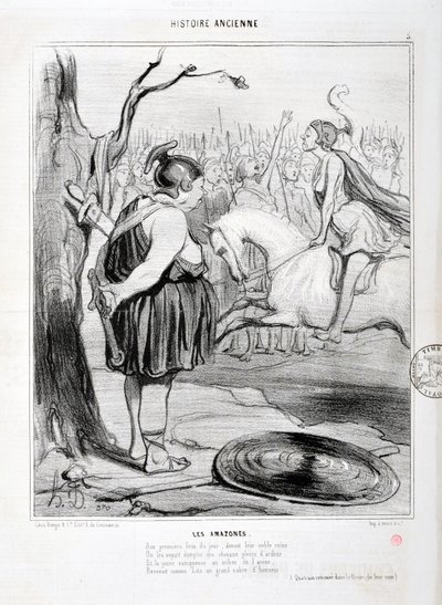 Grafika autorstwa Honore Daumier (1808-1879) Charivari pochodzi z 1842 roku: Serie HISTORIE ANCIE Les Amazones. „” Podczas pierwszego pożaru tego dnia, przed ich szlachetną królową, widziano ich, jak oswajają pełne zapału konie. A młody zwycięzca na środku autorstwa Honoré Daumier