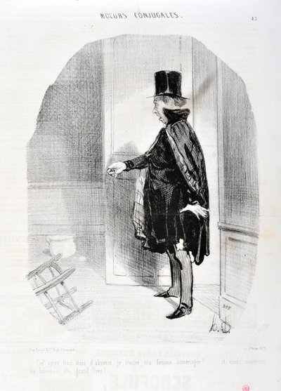 Grafika: Honore Daumier (1808-1879). Charivari pochodzi z 1842 roku: Serie MORES CONJUALES „”Niebo po trzech miesiącach nieobecności znajduję demenagenę mojej żony i jakie wspomnienia obmywam jej wielkim Bogiem! „” MUZEUM SZTUK PIĘKNYCH – PAŁAC LONGCHAMP,  autorstwa Honoré Daumier