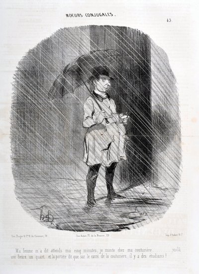 Grafika: Honore Daumier (1808-1879). Charivari pochodzi z 1842 roku: Serie MORES CONJUALES „” Moja żona powiedziała mi, że poczekam na mnie pięć minut, idę do mojego couturiere godzinę na kwadrans temu, a drzwi mówią, że na placu couturiere są studenci! “ autorstwa Honoré Daumier