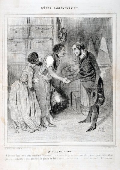 Grafika: Honore Daumier (1808-1879). Charivari pochodzi z 1843 roku: Seria SCENY PARLAMENTARNE. Wizyta wyborcza. MUZEUM SZTUK PIĘKNYCH - PAŁAC LONGCHAMP, MARSEILLE autorstwa Honoré Daumier