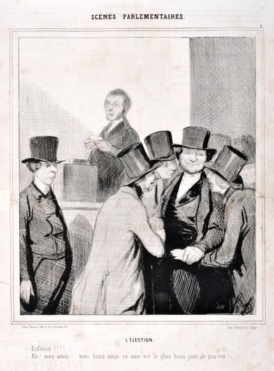 Grafika: Honore Daumier (1808-1879). Charivari pochodzi z 1843 roku: Seria SCENY PARLAMENTARNE. Wybory „Płyń!!! „Ach, moi przyjaciele, moi dobrzy przyjaciele, dzisiejszy wieczór to najważniejszy dzień w moim życiu!” MUZEUM SZTUK PIĘKNYCH - PAŁAC LONGCHAMP, autorstwa Honoré Daumier