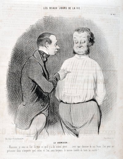 Grafika: Honore Daumier (1808-1879). Charivari pochodzi z 1845 roku: Serie LES BEAUX DAYS DE LA VIE. Bluzka „” -Proszę Pana, uszyła Cię najlepiej... z koszulą na swój sposób możesz zaprezentować się w każdym salonie i zawsze będziemy najlepiej ubrani i autorstwa Honoré Daumier